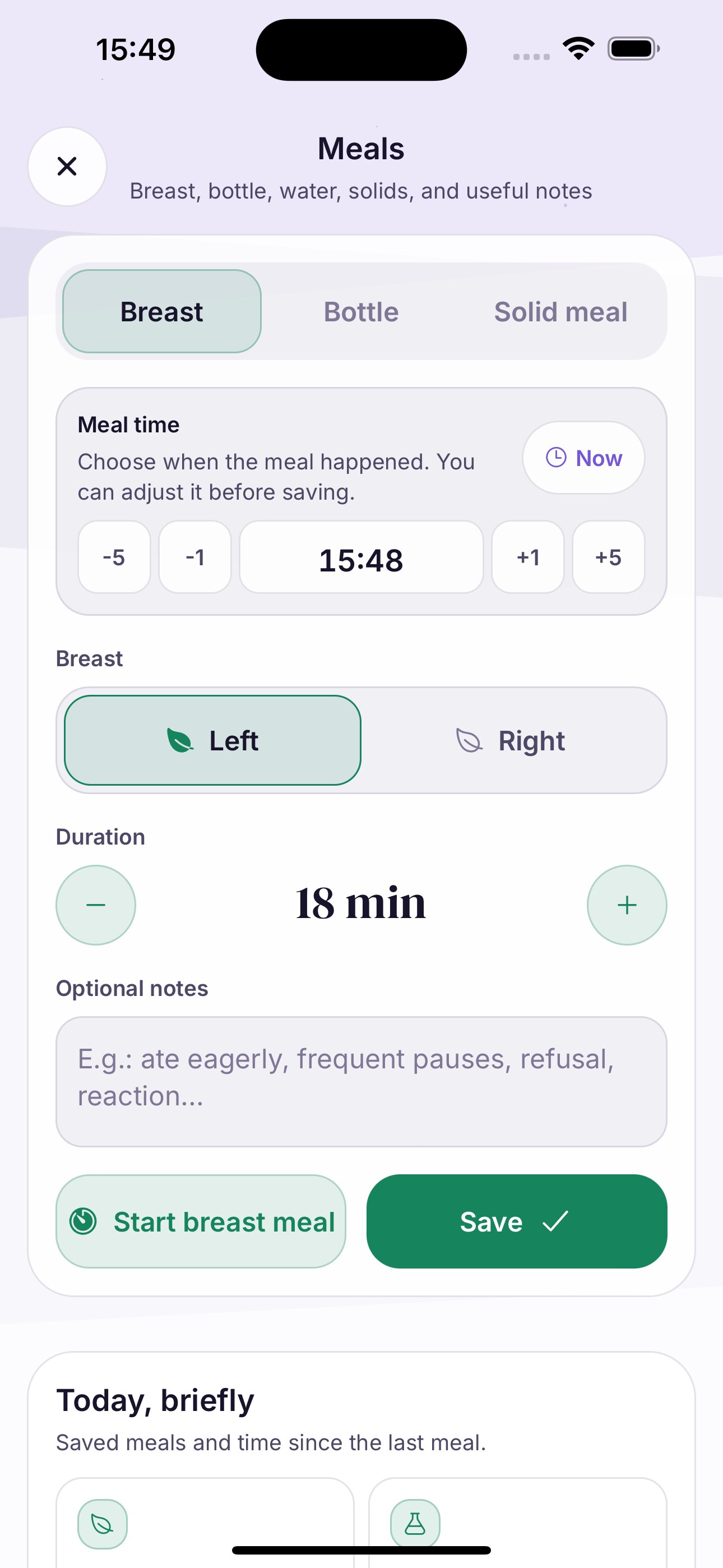 Bebblo app screenshot — dagelijkse tijdlijn met slaap, voeding en luiers